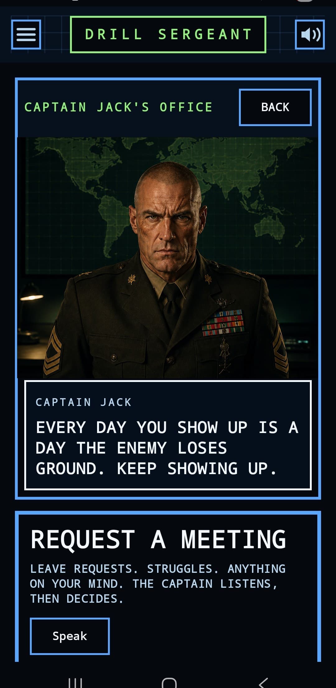 Captain Jack's office in the Drill Sergeant app