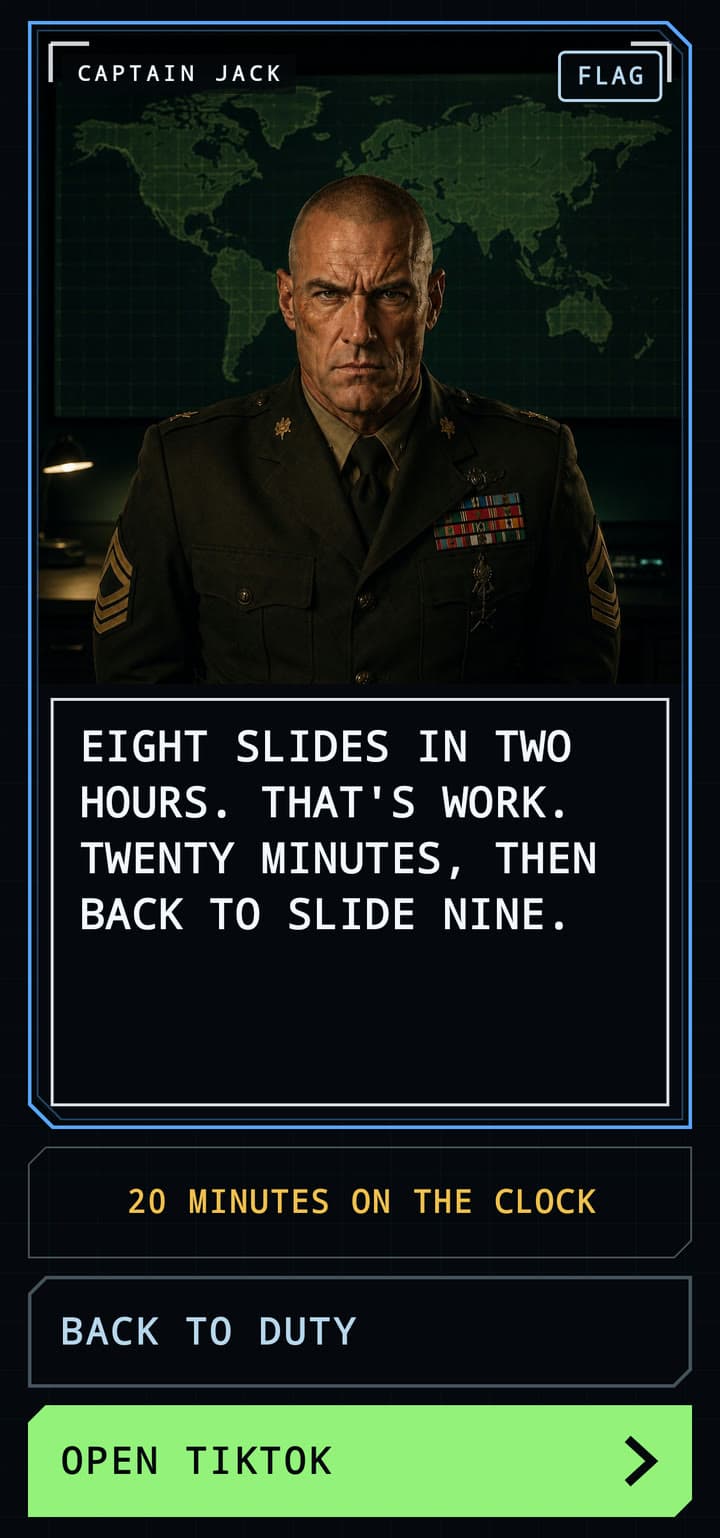 Captain Jack approves a work report: eight slides in two hours, twenty minutes on the clock